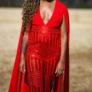 Red shiny extra long sleeve jumpsuit